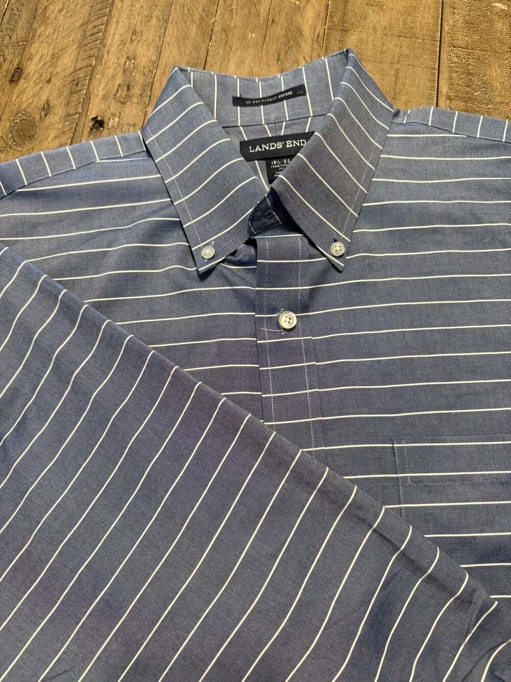 Lands' End No Iron Pinpoint Oxford Button-Down Shirt Size 15 1/2-33 Blue Striped